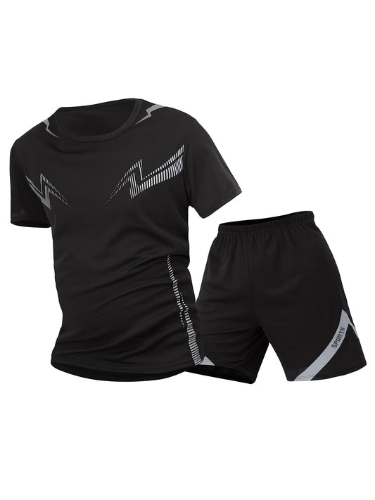 2pcs Summer New Lightning Print Sports Suit Men's Short Sleeve Shorts Outdoor Fitness Breathable Quick-Dry Loose Running Outfit Set