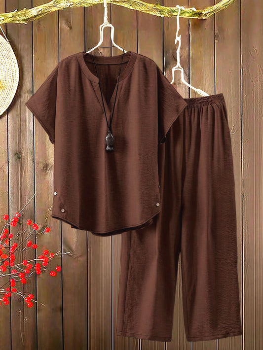 Women'S Solid Color V-Neck Short Sleeve Shirt with Elastic Waist Wide-Leg Pants Two-Piece Set