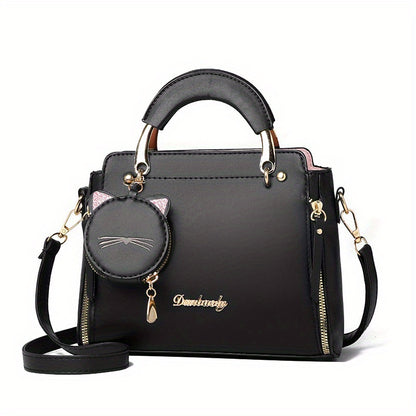 Women'S Fashion 2023 Embroidered Cat Design Messenger Bag, Removable Strap, Zipper Closure, Polyester Lined, Casual Shoulder Handbag with Edge Paint Detail