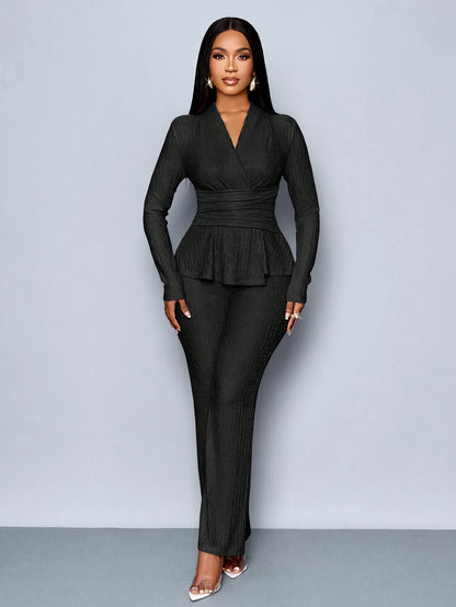 Women'S Elegant Beige Two-Piece Suit with V-Neck and Long Sleeves, Asymmetrical Hem, Wide Leg Pants, and Clutch - Perfect for Office or Casual Wear, Casual Attire|Elegant Two-Piece Set|Asymmetrical Hemline