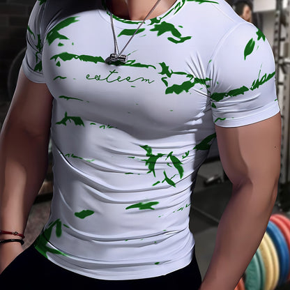 Men's High-Elasticity Anti-Tear Graffiti T-Shirt - Black & White Geometric Print, Tight-Fit Athletic Top for Gym, Running, Yoga & Casual Summer Wear, Gym Clothes, Highelastic Polyester, Short Sleeve Design