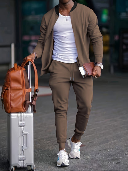 Men's Casual Polyester Sports Suit, Solid Color, Non-Stretch Fabric, Regular Fit, Baseball Collar Jacket and Sweatpants, Suitable for Spring/Autumn - Braided Eyelash Set