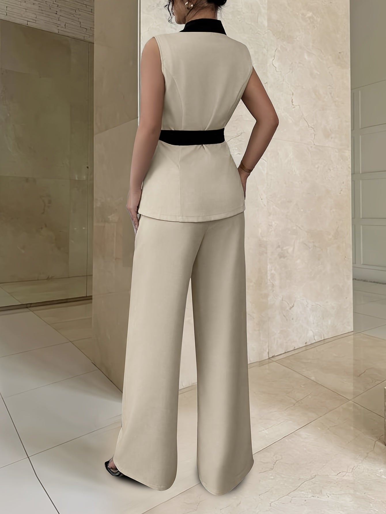 Women'S Elegant Sleeveless Blazer and Wide-Leg Pants Set - Beige with Black Accents, Belted Waist, Button-Up Top, Flowy Pants, Perfect for Spring/Summer, Stylish Office or Casual Wear, Casual Attire | Elegant Outfit | Polyest