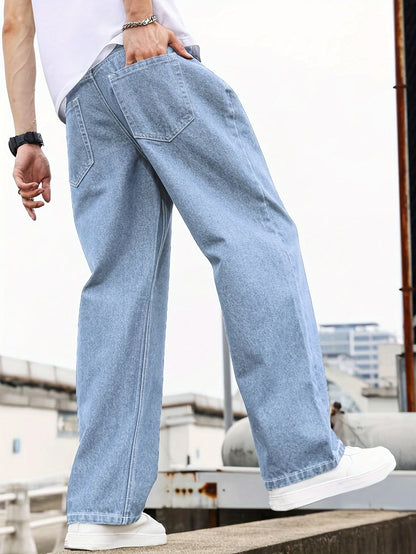 Men'S Loose-Fit Jeans, Cotton Blend Street Style Denim Pants, Non-Stretch Solid Color, Regular Length, with Multiple Pockets for All-Season Wear