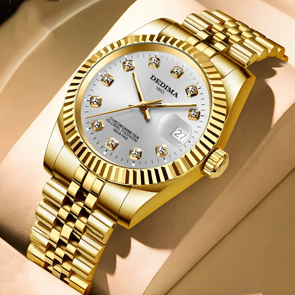 DEDIMA Elegant Stainless Steel Band Calendar Watch, Quartz Movement, Round Dial with Rhinestones, Battery-Powered, Non-Rechargeable Button Battery, Regular Cleaning, for Men, Women, Students, Christmas, Valentine'S Day, Thank