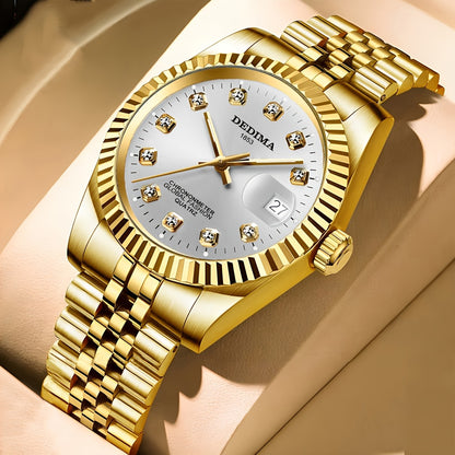 DEDIMA Elegant Stainless Steel Band Calendar Watch, Quartz Movement, Round Dial with Rhinestones, Battery-Powered, Non-Rechargeable Button Battery, Regular Cleaning, for Men, Women, Students, Christmas, Valentine'S Day, Thank