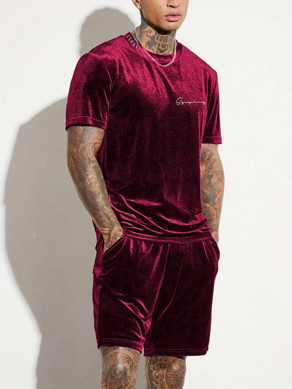 Men'S Fashion Velvet Knit Pullover Set, Contrast Letter Embroidery Top and Solid Color Drawstring Shorts, Simple Casual Outing Commuting Vacation Light Luxury Set, Regular Fit Elastic Knit Two-Piece Set, High-end Sheen Light