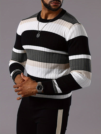 Men's Striped Color-Block Ribbed Knit Sweater - Long Sleeve Round Neck Pullover with Elastic Comfort Fit, Machine Washable Casual Fall Winter Top in Black/White/Green/Beige, Knit Sweater, Medium Elasticity