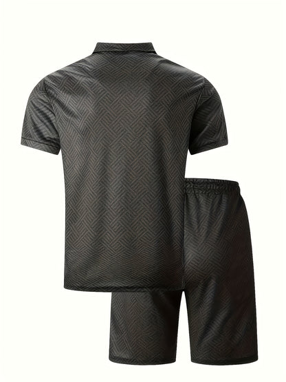 Men'S Tropical Print Casual Suit - Black Short Sleeve Zipper Shirt with White Pockets Shorts, Polyester, Machine Washable, Summer Beachwear, Summer Wear | Relaxed Fit Shirt | Woven Texture