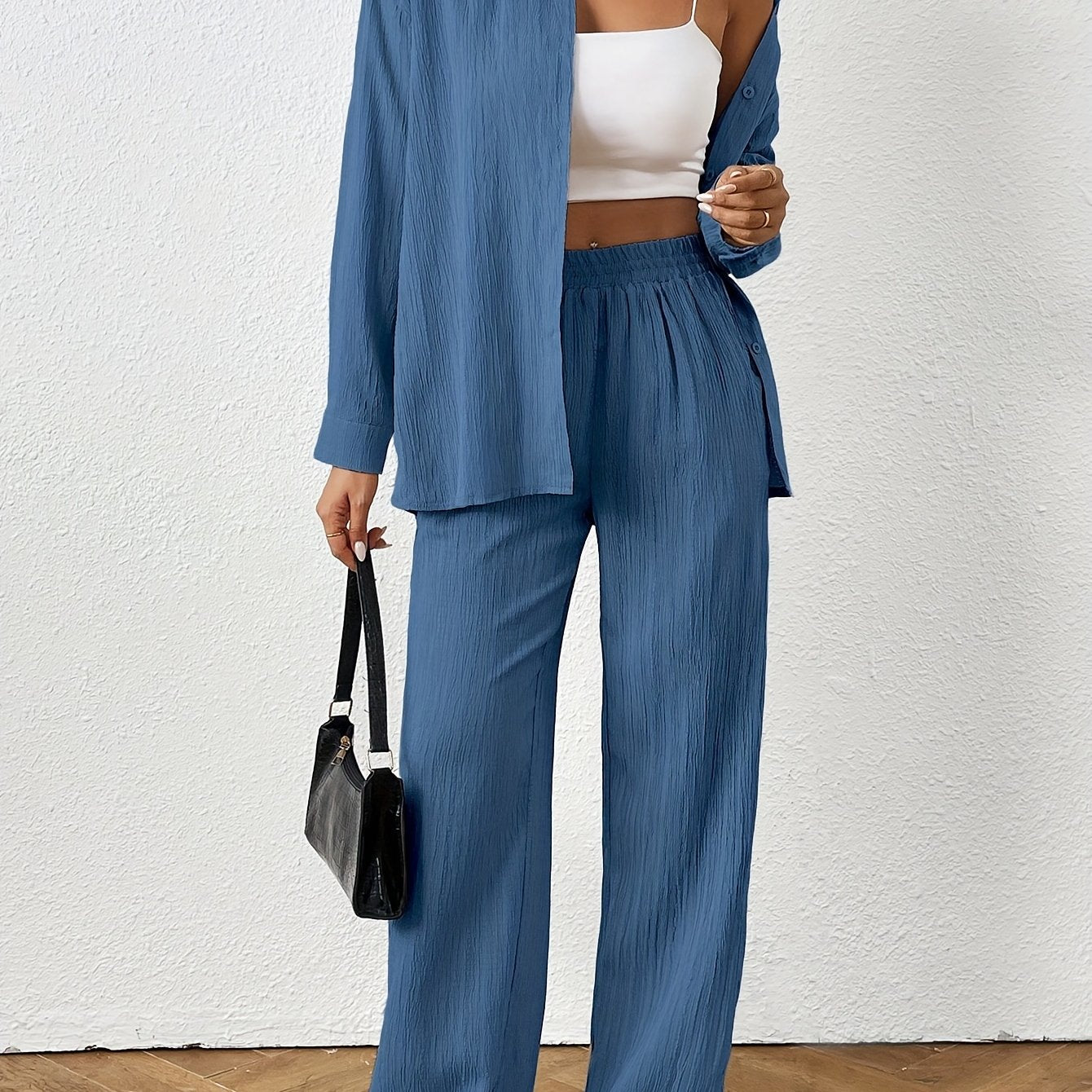 2pcs Women Spring & Autumn Casual Solid Color Long Sleeve Shirt And Pants Set