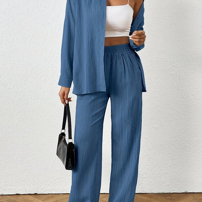 2pcs Women Spring & Autumn Casual Solid Color Long Sleeve Shirt And Pants Set