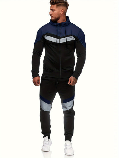 Men'S Autumn and Winter Fleece Sweatshirt Set with Hooded Drawstring Patchwork Sweatpants Casual Sporty Style Long Sleeve Jacket