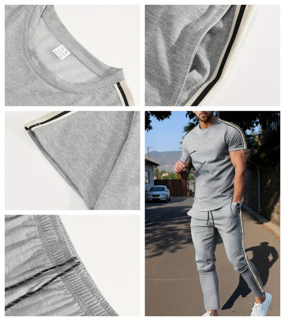 Cross-Border New Summer 2pcs Short-Sleeved T-Shirt And Long Pants Casual Men'S Casual Outdoor Sports Suit, Side Stripe Casual And Fashionable Men'S 2pcs Set