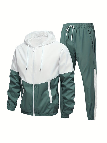 Men's Casual Sports Set, Spring/Autumn Hooded Jacket And Pants, 2-Piece Stylish Athletic Suit, Youth Fashion Trend, Color Block Design