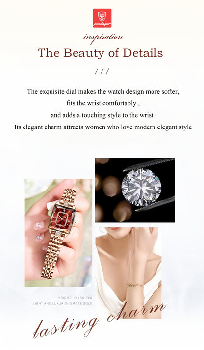 POEDAGAR Elegant Women's Quartz Watch - Rose Golden Stainless Steel, (3ATM), Square Dial with Gemstone Accents, Date Display, Luxury Fashion Accessory for Casual or Formal Occasions