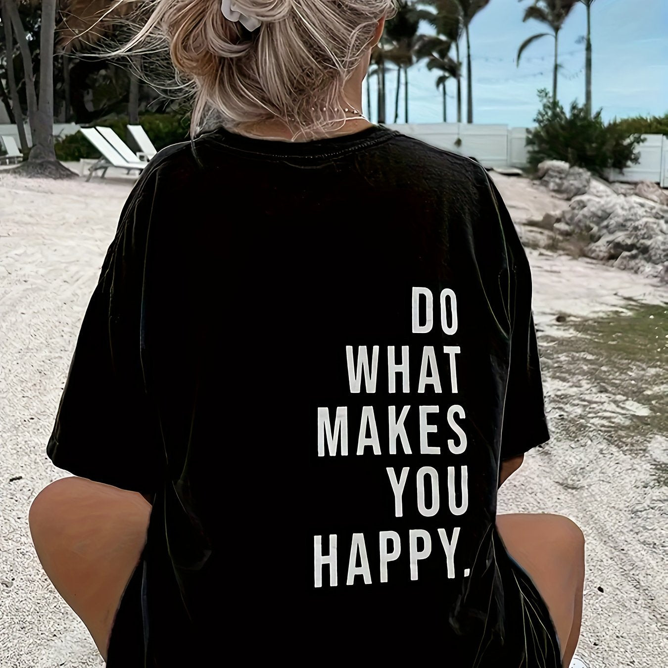[Spring Apparel] Do What Makes You Happy" Letter Print T-Shirt for Women - Casual Crew Neck, Short Sleeve Top in Soft Polyester Blend, Machine Washable, Perfect for Summer & Spring, Cute Shirts