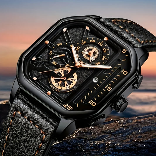 1pc Men'S Vintage Sports Chronograph Watch - Large Square Dial, Faux Leather Strap, Quartz Movement, Calendar Feature, Non-Waterproof Alloy Case, Battery Powered Electronic Drive, Ideal Gift for Him