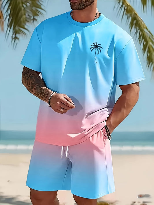 Men's fashion crewneck short-sleeved shorts two-piece set, 3D digital printing HD pattern, summer leisure and comfortable vacation sports Men's wear
