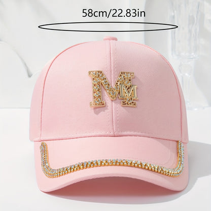 Women's Fashion Patch Baseball Cap With Metallic "M" Initial, Rhinestone Accents, Adjustable Snapback Cps, Wide Brim Sun Hats