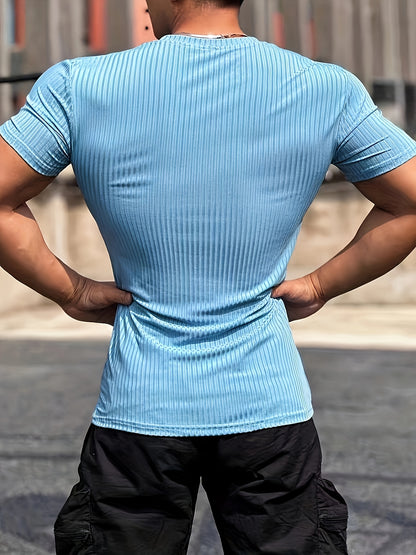 Men's Stretch Fit Short Sleeve T-Shirt - Breathable, Comfortable Polyester Blend, Solid Blue, Crew Neck, Casual & Sporty Style for Spring/Summer