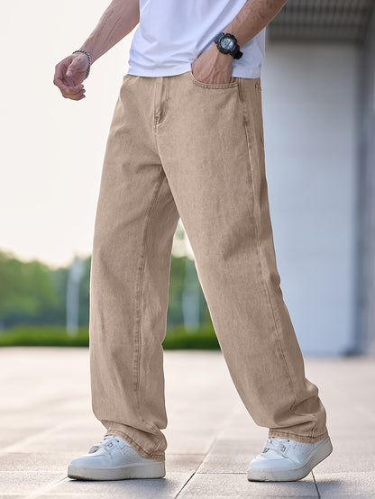 Men'S Casual Straight Leg Jeans, Loose Fit Denim Pants, 87% Cotton 7% Polyester 6% Viscose, All-Season Solid Color Washed Fabric, 290gsm Heavyweight - Gengyuanxuan #TB9005