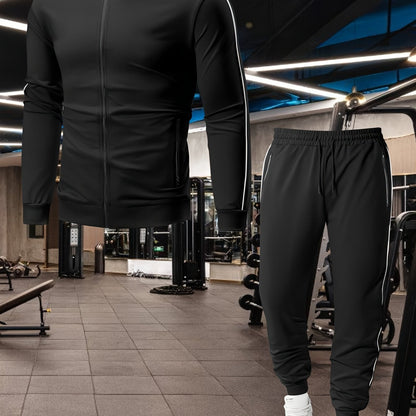 Men's Casual Sportswear Set: Spring/Autumn Stand Collar Jacket, Drawstring Elastic Waist Pants Two-Piece Set with Fashion Print, Men's Top and Bottom Outfit for Running Loungewear, Zipper Pocket Design