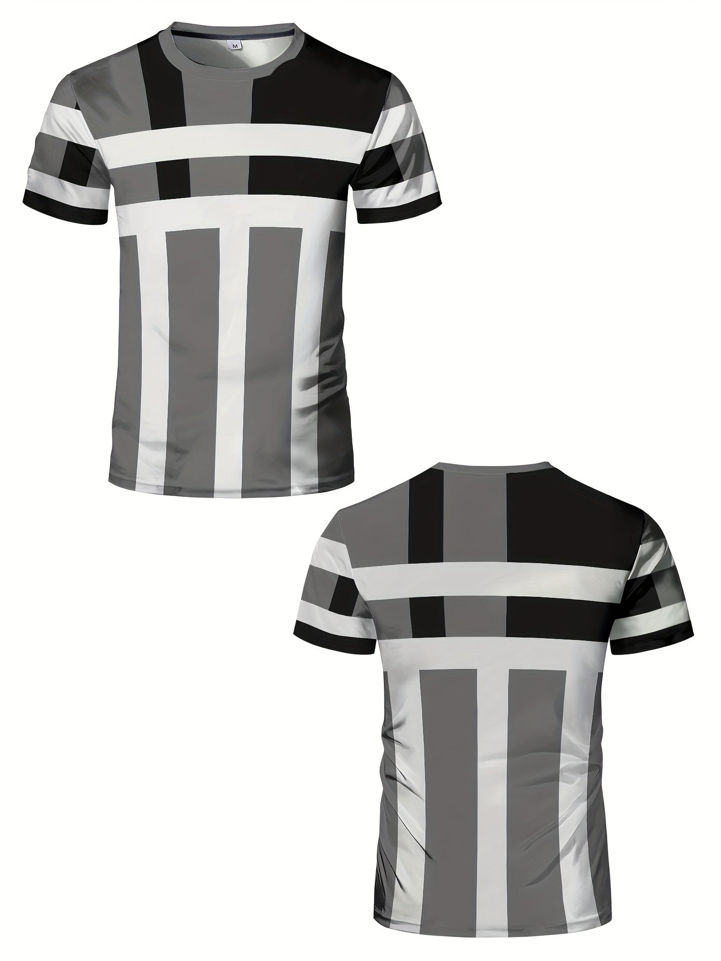 Striped Patchwork Design Pattern Print, Men'S Sports Fashion, Geometric Print High Elasticity Tight Fit Short Sleeved Round Neck T-Shirt, Summer Fitness, Training And Fitness Wear Quick Drying Sports Top with Coolness