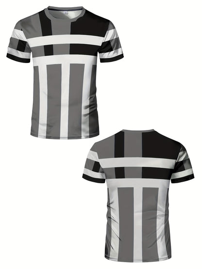 Striped Patchwork Design Pattern Print, Men'S Sports Fashion, Geometric Print High Elasticity Tight Fit Short Sleeved Round Neck T-Shirt, Summer Fitness, Training And Fitness Wear Quick Drying Sports Top with Coolness