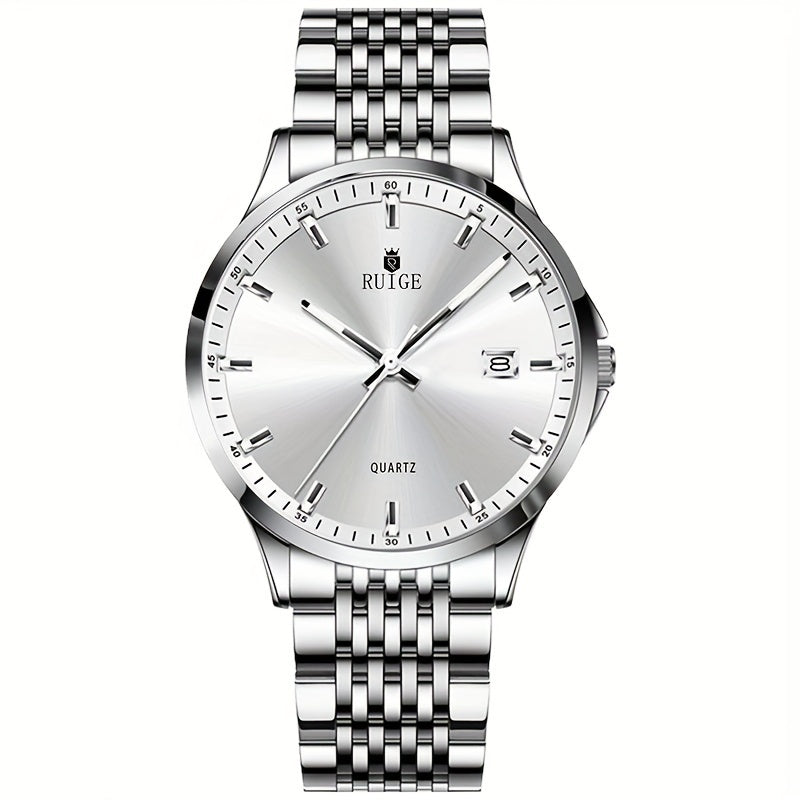 RUIGE Men's Sleek Quartz Watch - Stainless Steel Band, Simple Design with Date Display & Night Light Feature, Casual Wristwatch for Casual Attire