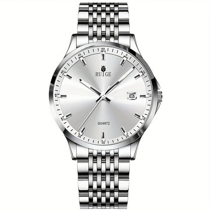 RUIGE Men's Sleek Quartz Watch - Stainless Steel Band, Simple Design with Date Display & Night Light Feature, Casual Wristwatch for Casual Attire