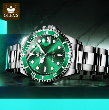 OLEVS Men'S Luxury Quartz Watch - Green Dial, Stainless Steel Band, Luminous Pointer Display, Quartz Movement, Electronic Drive, Zinc Alloy Case, Ideal for Business Casual Wea