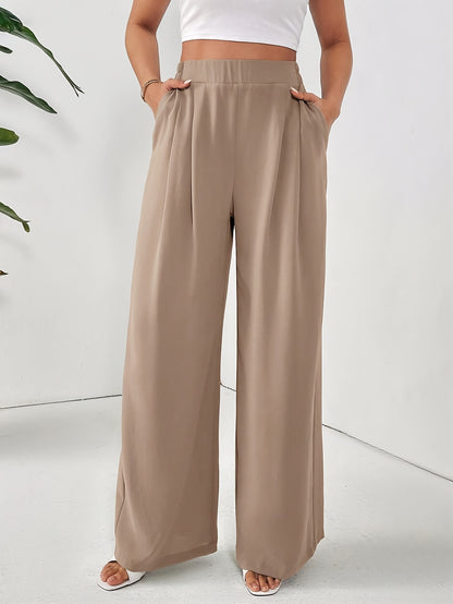 Women'S Elegant Wide Leg Pants - Beige Loose Fit with Elastic Waist, Comfortable Polyester Fabric for Spring/Summer Vacations, Casual Chic Style