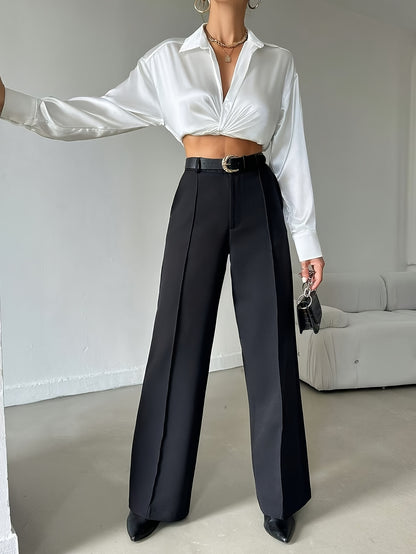 Ladies Elegant Solid Color Straight Leg Polyester Pants 99110643 with Pocket for Adult