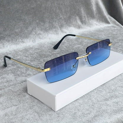 1 Pair Y2K-Inspired Rimless Fashion Glasses - Blue & Golden Frameless Eyewear with Polycarbonate Lenses, Lightweight Durable Rectangular Design for Men & Women, Casual Streetwear, Parties, Everyday Fashion Accessories, Party