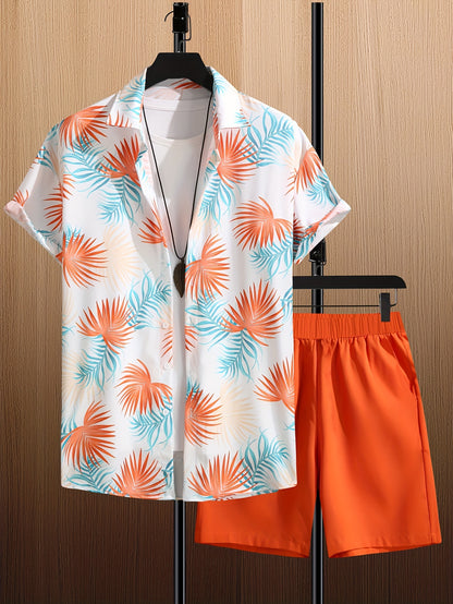 Men's Casual Suit Set with Short Sleeve Shirt and Printed Shorts