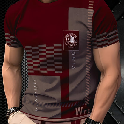 Men'S Navy & Brown Plaid Short Sleeve T-Shirt - "Union" Logo, Casual Crew Neck, All-Season Comfort, Regular Fit, Casual Attire | Plaid Pattern Top | Glossy Finish, PLUS SIZE