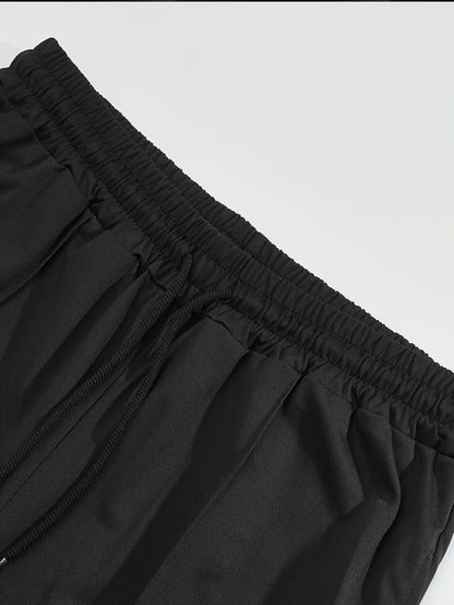 Men'S Casual 2pcs Set Knitted: Zipper Short Sleeve Shirt and Drawstring Pants - Black, Polyester, Suitable for Spring/Summer Casual Wea