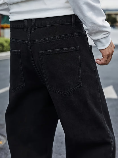 Men's Loose Fit Light Blue Denim Jeans - Straight Leg, Slant Pockets, Non-Stretch Cotton Blend, Casual Street Style for All Seasons