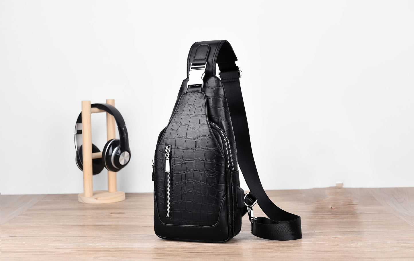 HUABUPS Men'S Black Crossbody Bag with USB Charging Port, Adjustable Strap & Multiple Compartments - Durable Business Travel Sling Bag for Daily Commute, Work, and Travel, Travel Backpack, Work Essentials Carrier, Textured Fi