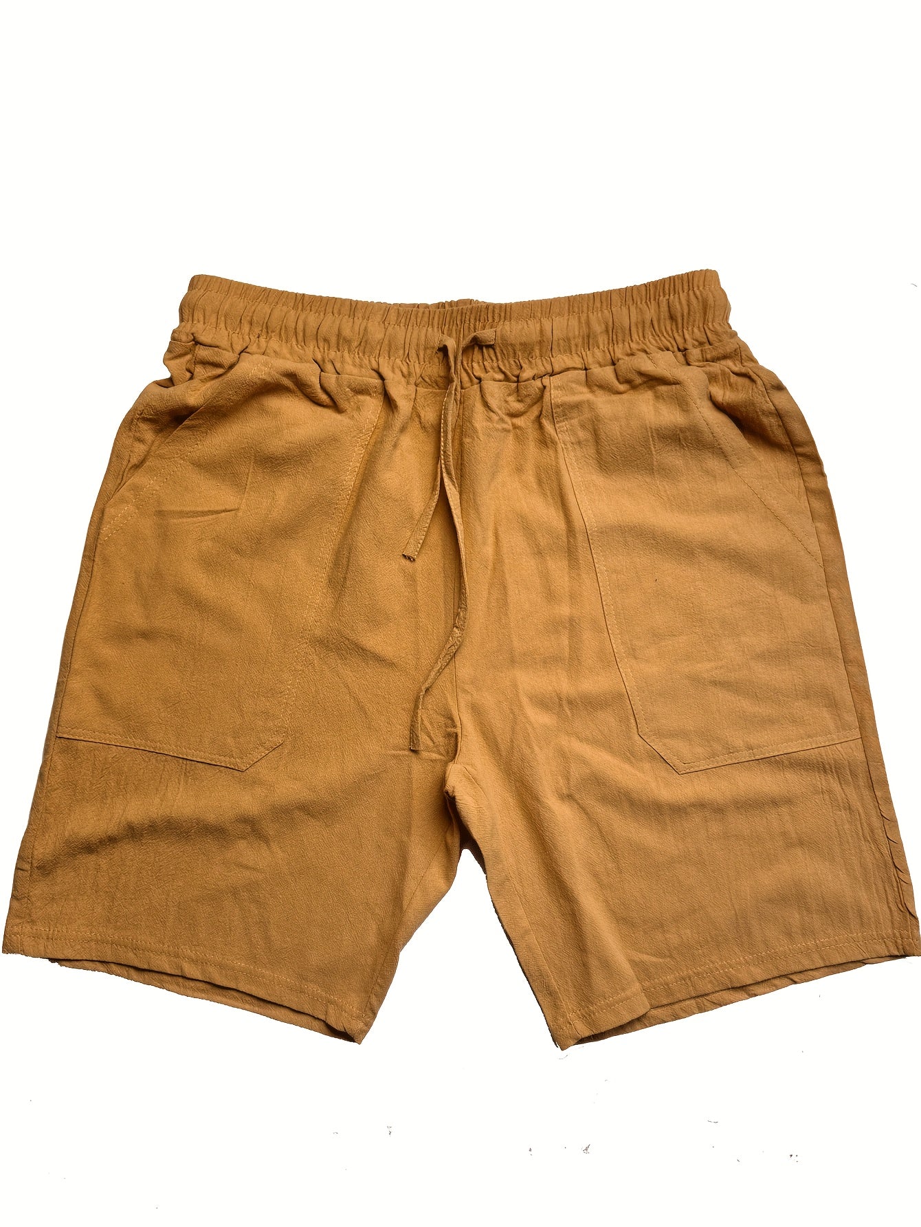 Men's Summer Cotton Drawstring Elastic Waist Straight-Leg Solid Color Breathable Casual Beach Shorts - 3pcs