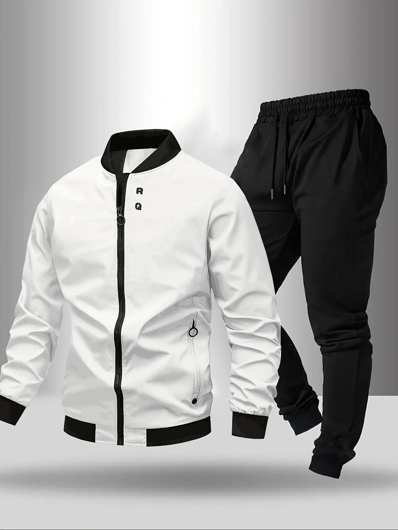 Men'S Casual Two-Piece Athletic Set - Black Baseball Collar Jacket with Zipper, Elastic Waistband Pants, Regular Fit for Spring/Fall, Spring Outerwear | Sporty Casualwear | Zippered Jacket