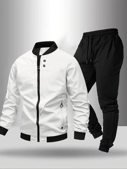 Men'S Casual Two-Piece Athletic Set - Black Baseball Collar Jacket with Zipper, Elastic Waistband Pants, Regular Fit for Spring/Fall, Spring Outerwear | Sporty Casualwear | Zippered Jacket