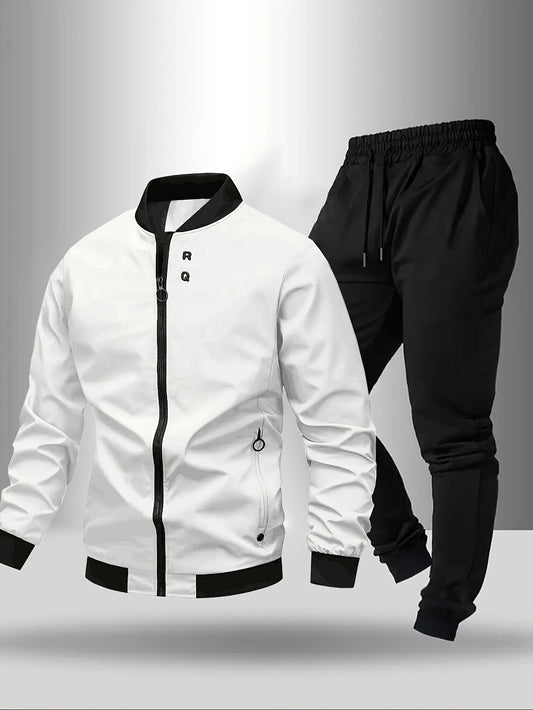 Men'S Casual Two-Piece Athletic Set - Black Baseball Collar Jacket with Zipper, Elastic Waistband Pants, Regular Fit for Spring/Fall, Spring Outerwear | Sporty Casualwear | Zippered Jacket