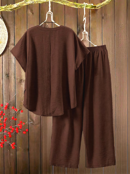 Women'S Solid Color V-Neck Short Sleeve Shirt with Elastic Waist Wide-Leg Pants Two-Piece Set