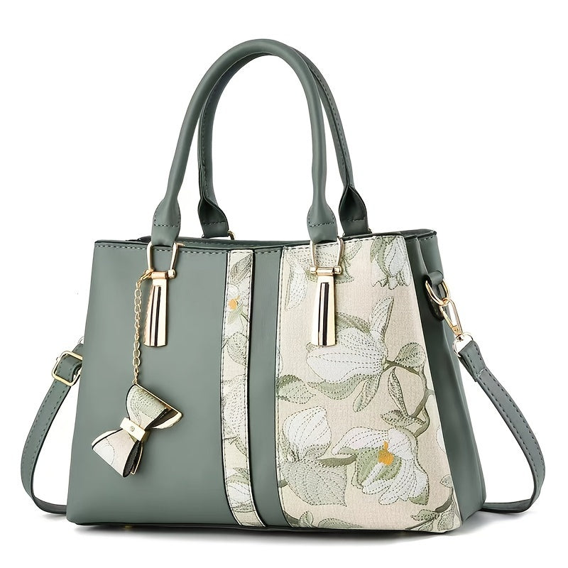Elegant Floral Print Women's Handbag - Chic Colorblock Handbag with Zip Closure, Durable PU Material