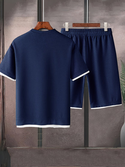 Waffle short-sleeved T-shirt Men's casual sports suit summer loose fake two-piece half-sleeve T-shirt set