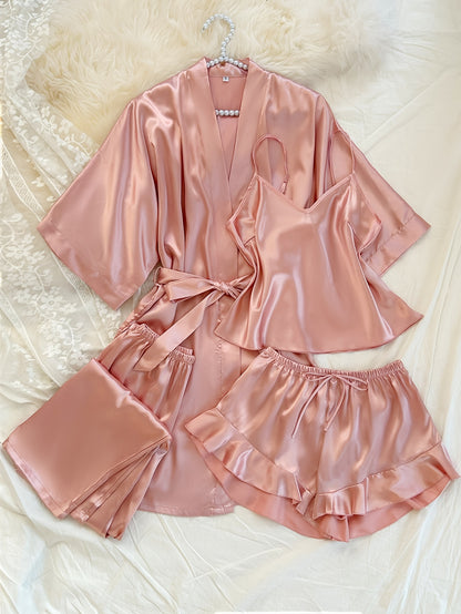 Women'S All-Season V-Neck Pajama Set - Comfortable, Sexy, Polyester 4pcs Sleepwear with Tie Waist And Drawstring Shorts, Perfect for Autumn And Winter, Autumn Winter Sleepwear | Stylish Sleepwear | Polyester Fabric