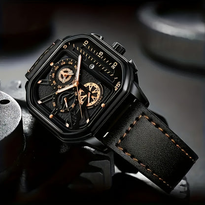 1pc Men'S Vintage Sports Chronograph Watch - Large Square Dial, Faux Leather Strap, Quartz Movement, Calendar Feature, Non-Waterproof Alloy Case, Battery Powered Electronic Drive, Ideal Gift for Him