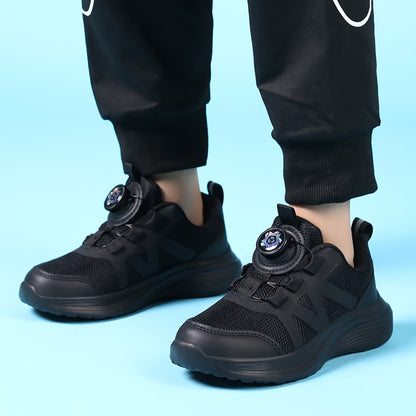 [Backtoschool Essential] Youngsters' Breathable Mesh Running Shoes with Rotating Buckle - Lightweight, All-Season Sneakers for Boys & Girls, Black, Casual & Sporty Design for School, Outdoor Activities & Casual Attire, Casual