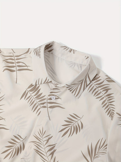 2-piece Men's Holiday Style Summer Outfit Set, Leafs Pattern Print Short Sleeve Button Up Lapel Shirt Top & Solid Drawstring Shorts With Pockets